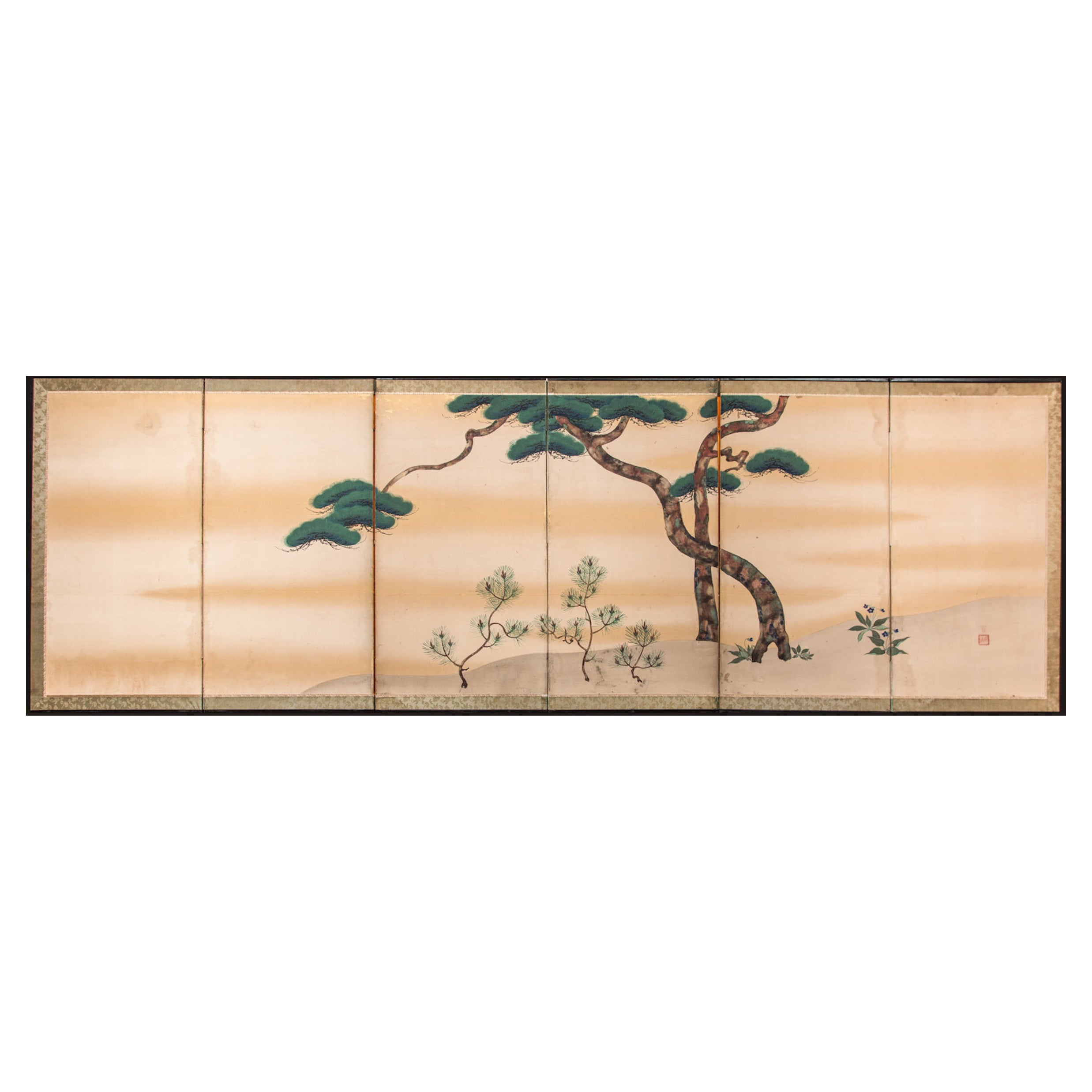 Écran à six panneaux japonais, jeune pin et fleurs de cloche