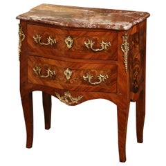 Mid-Century French Louis XV Marble Top Walnut Marquetry Bombe Chest of Drawers