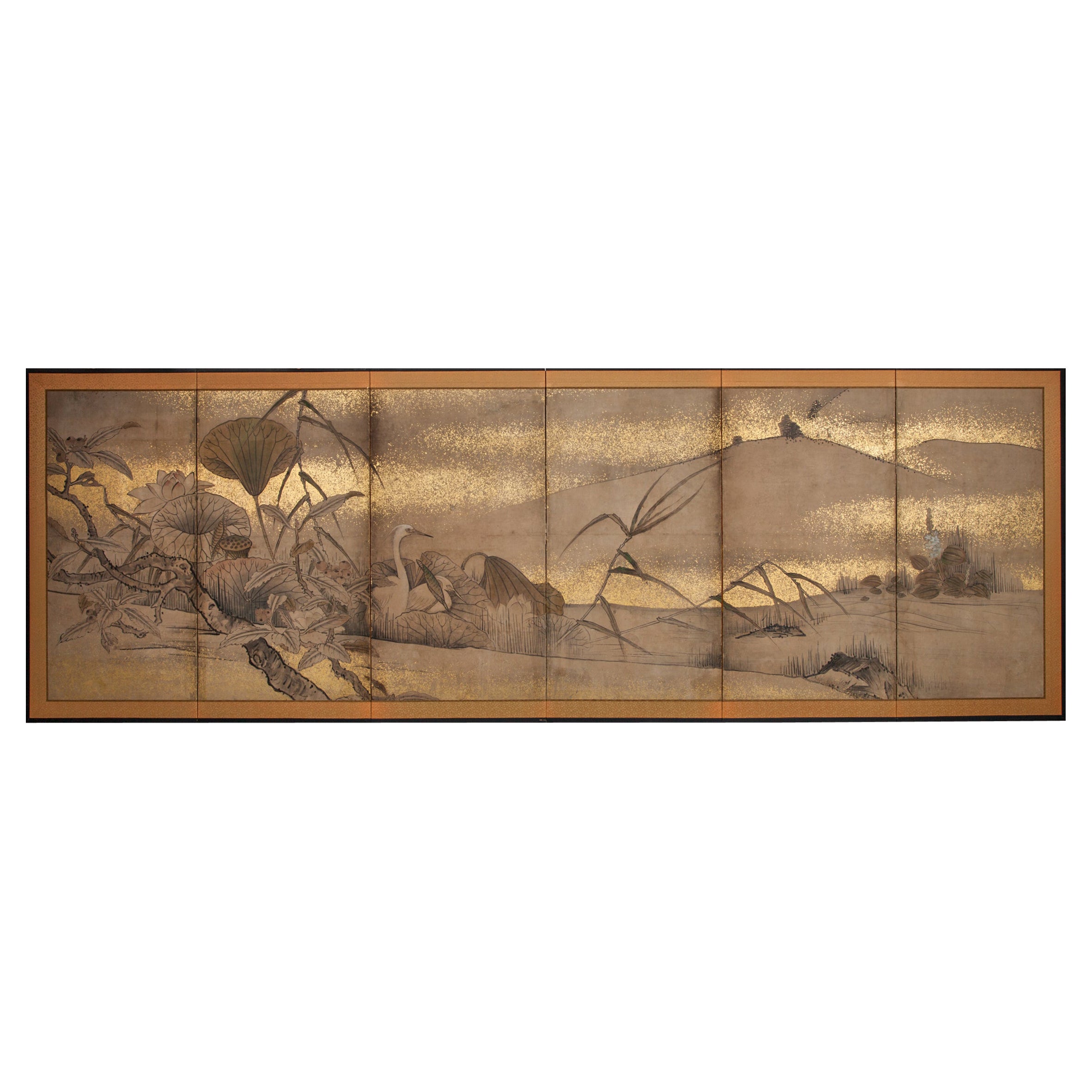 Japanese Six Panel Screen, Egrets in Water Landscape with Lotus and Loquats For Sale
