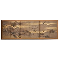 Paravent japonais à six panneaux, Egrets dans un paysage aquatique avec lotus et loquats