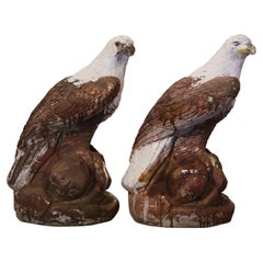 Pair of Vintage French Concrete Weathered and Painted Outdoor Eagle Sculptures