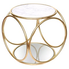 De La Espada Gold Plated Steel Ring Side Table with Carrara Marble Top & Mirror