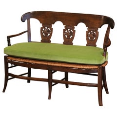 Antique 19th Century French Carved Beech Wood and Rush Settee Bench from Normandy