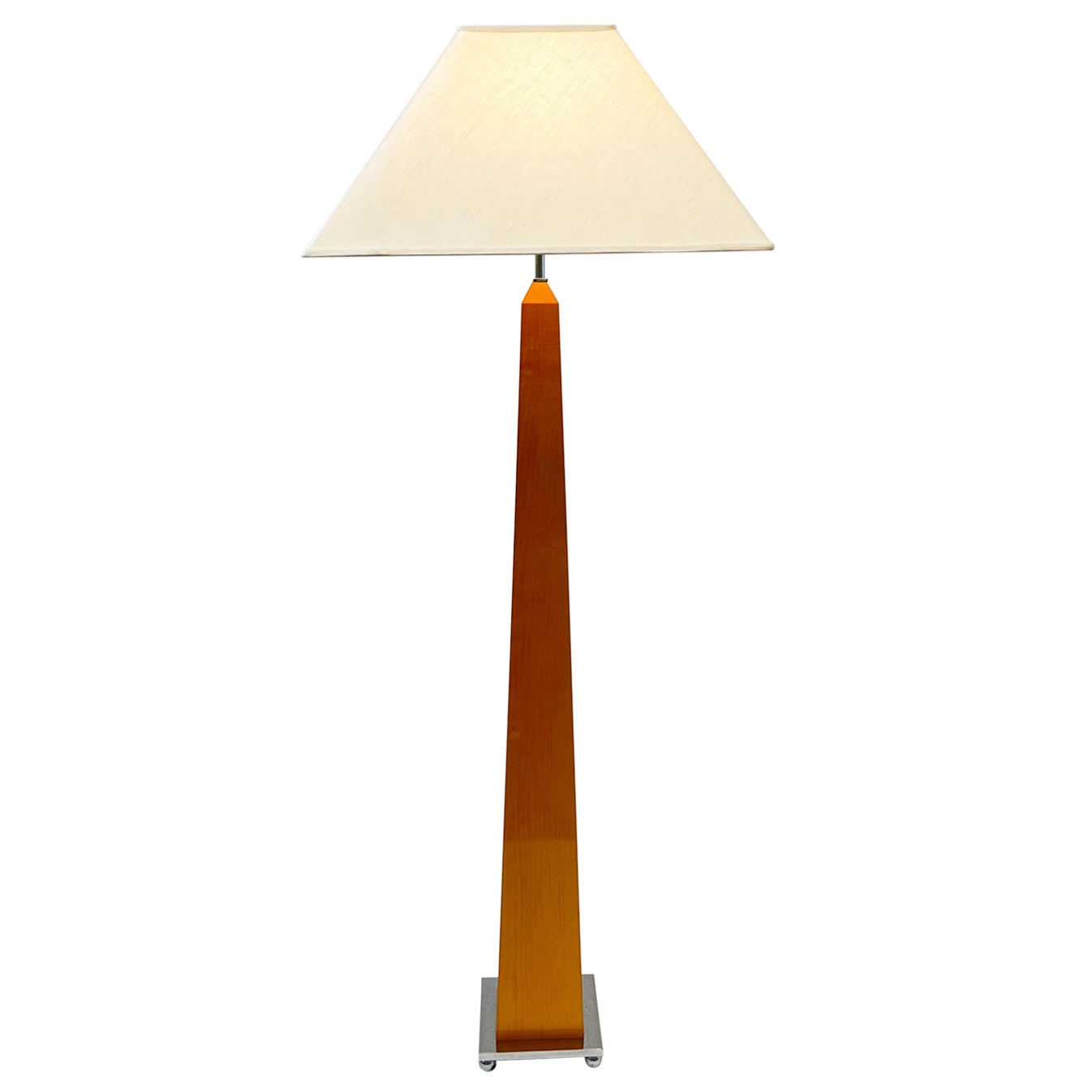 Chrome and Blond Wood Obelisk Shape Floor Lamp For Sale