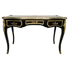 Antique French Louis XV Black Lacquer Bronze Figural Ormolu Bureau Plat Writing Desk