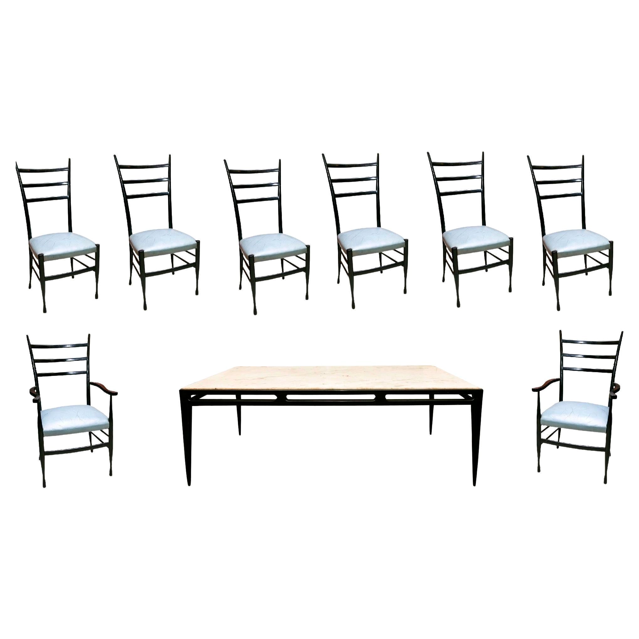 Table 8 personnes, 2 fauteuils et 6 chaises attribuées à Gio Ponti, 1965 en vente