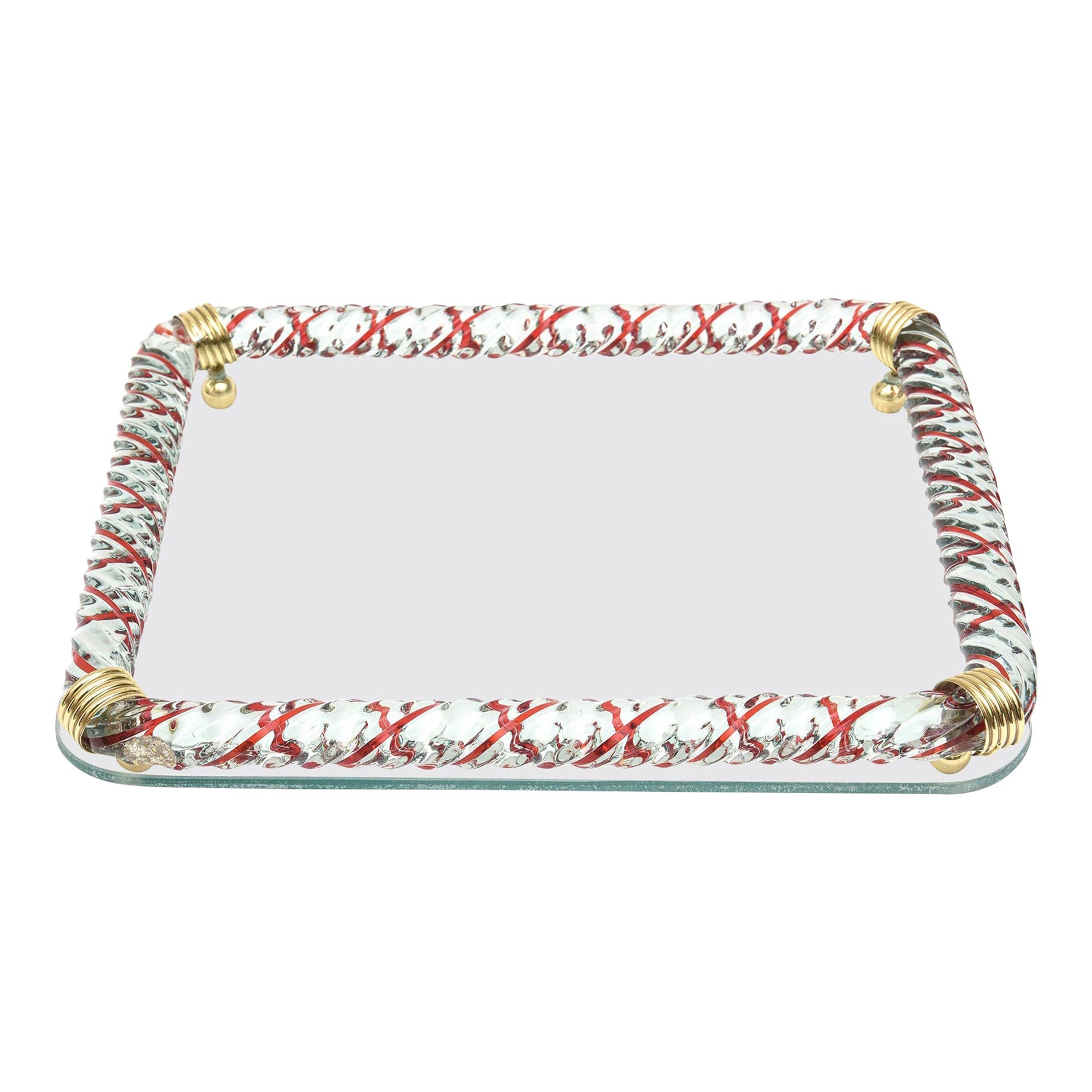 Murano Venini Style Red Caned Twisted Rope Glass Tray Brass Mid-Century Modern