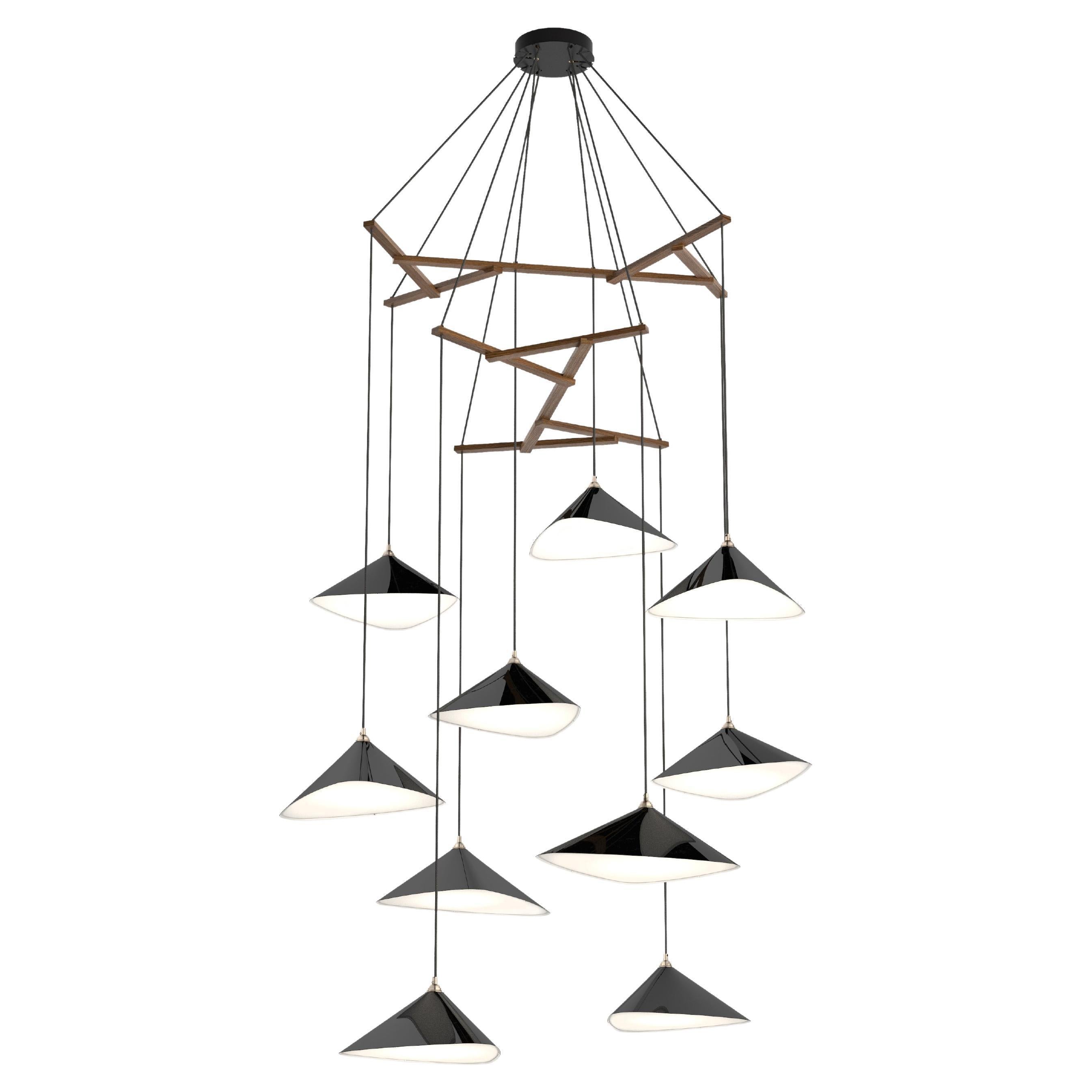 Daniel Becker 'Emily Vertikal 10' Chandelier in Gloss Black/Oak for Moss Objects