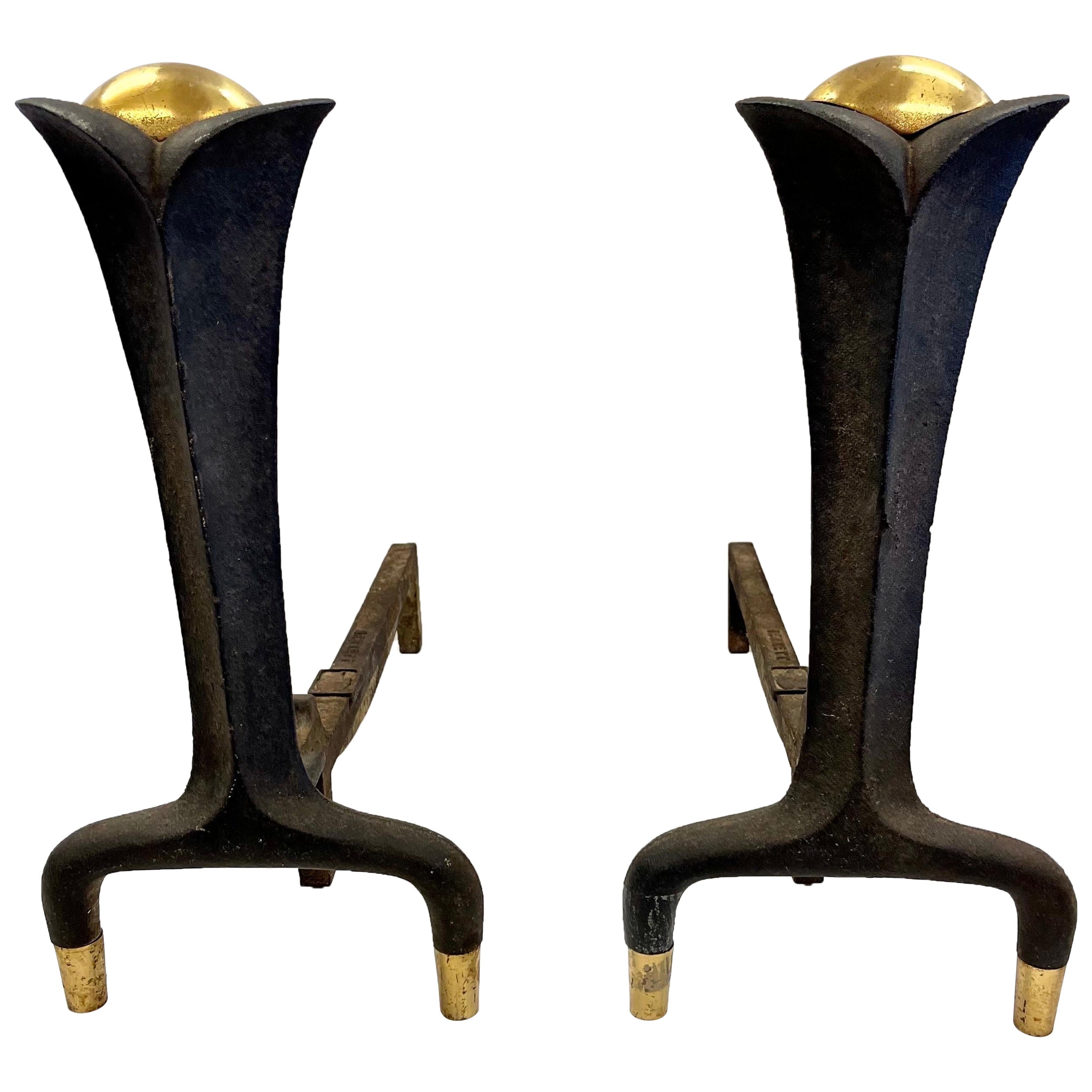Donald Deskey Bennett Cast Iron and Brass Coveted Andirons For Sale