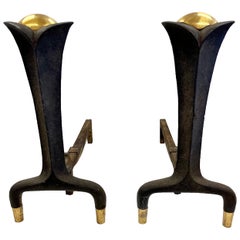 Donald Deskey Bennett Cast Iron and Brass Coveted Andirons