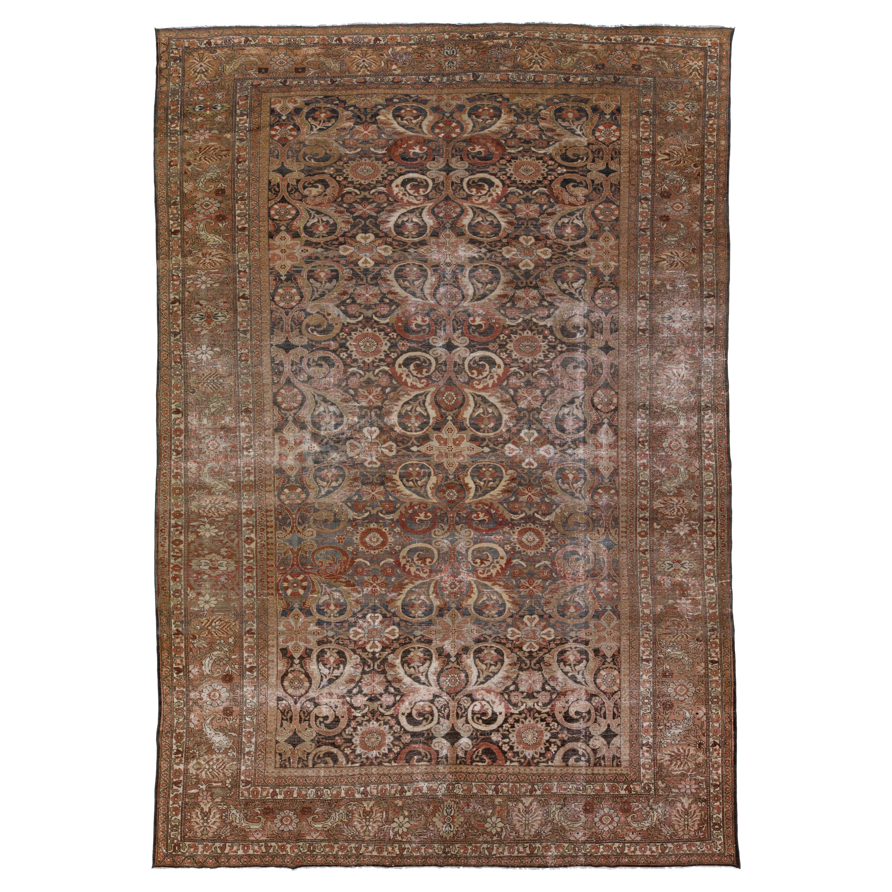 Antique Persian Tabriz Handmade Allover Design Rust Wool Rug For Sale