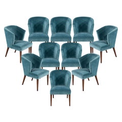 Set of 10 Modern Walnut Dining Chairs in Turquoise Designer Velvet