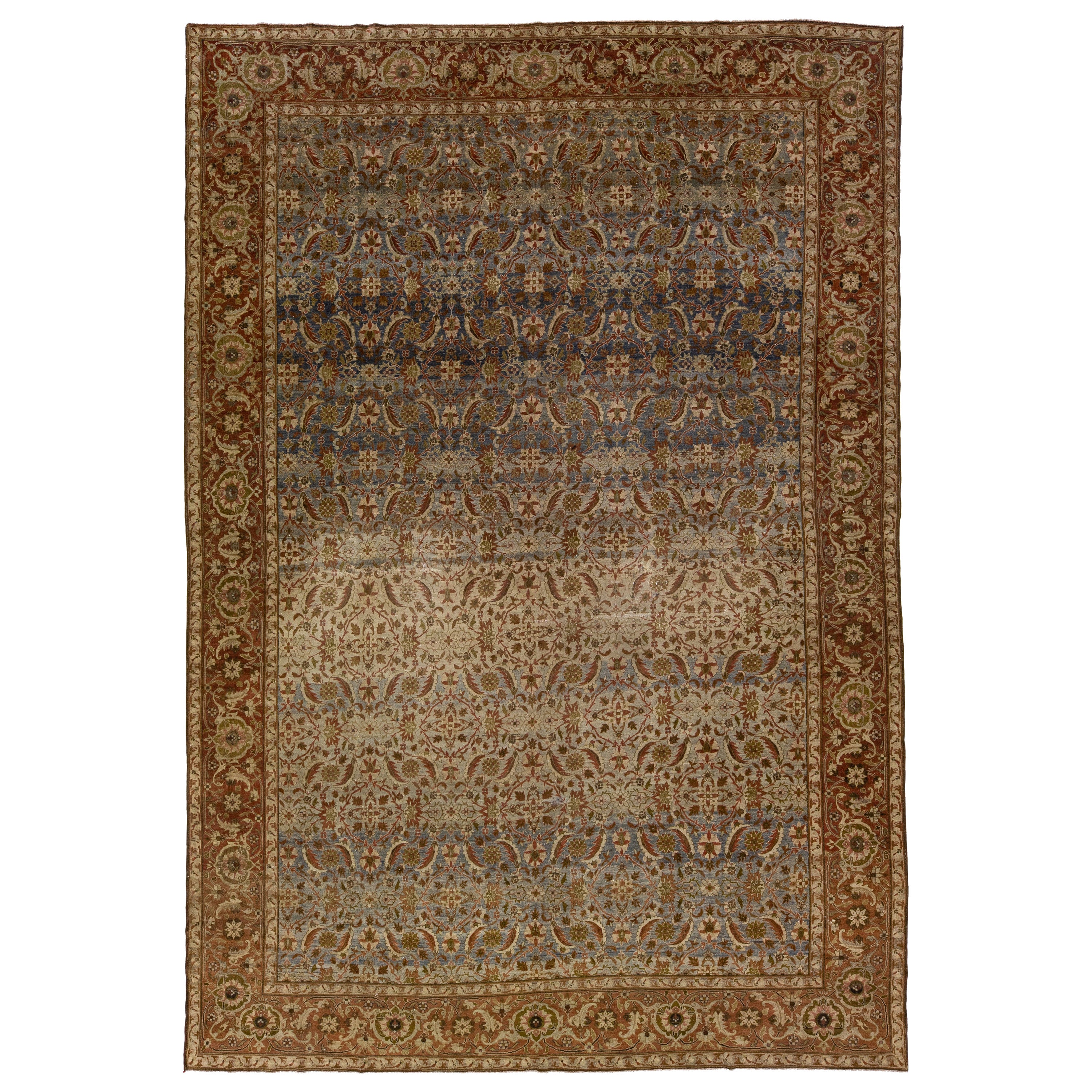 Antique Persian Tabriz Handmade Allover Floral Tan Wool Rug For Sale