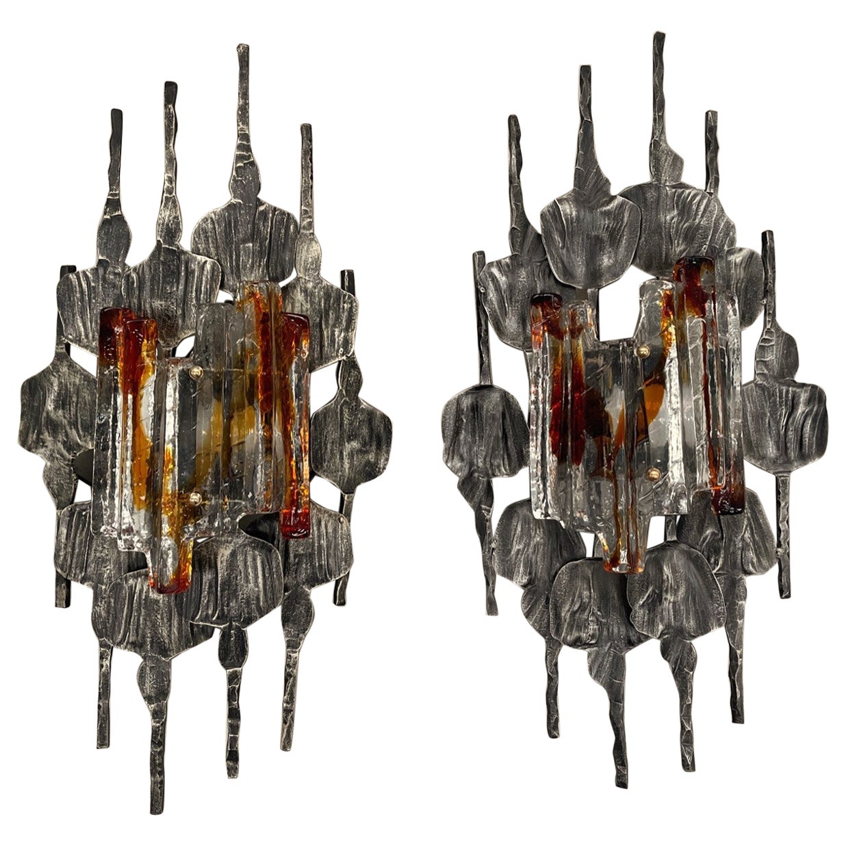 Pair of Brutalist Modern Glass Metal Sconces Tom Ahlström and Hans Ehrich 70s For Sale