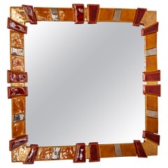 1970s Orange, Amber, Gold Ceramic Square Mirror