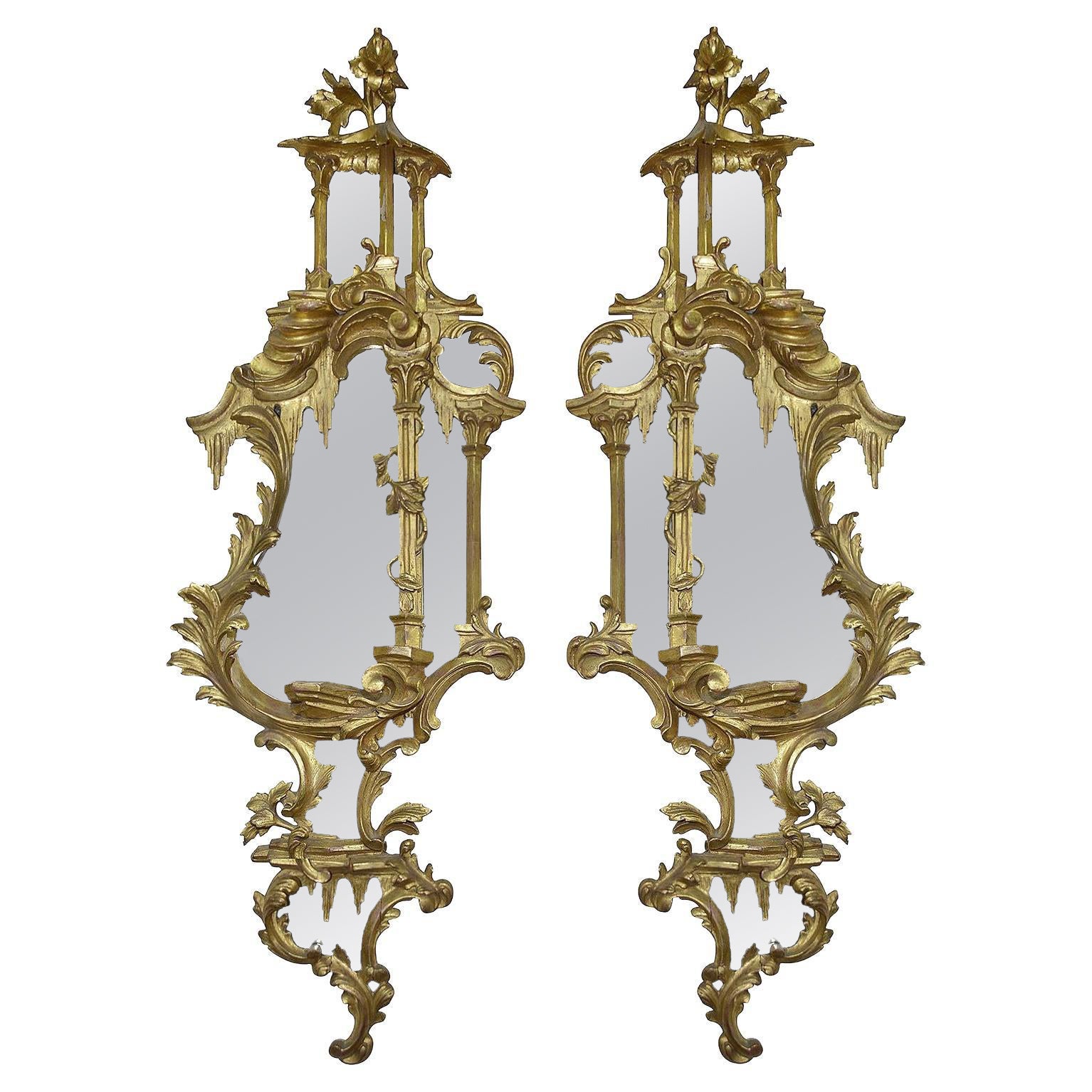 Pair 19TH Century Chinese Chippendale Style Carved Giltwood Girondole