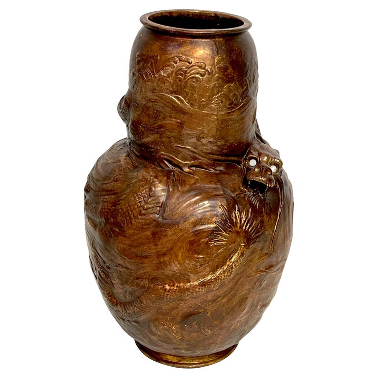 Japonisme Dragon Motif Copper Clad Vase by Bretby Pottery  For Sale