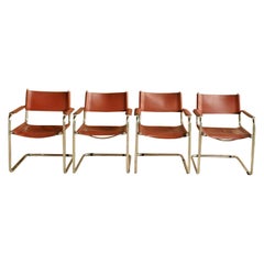 4 Italian Mid Century Cantilever Chairs, Leather Chrome