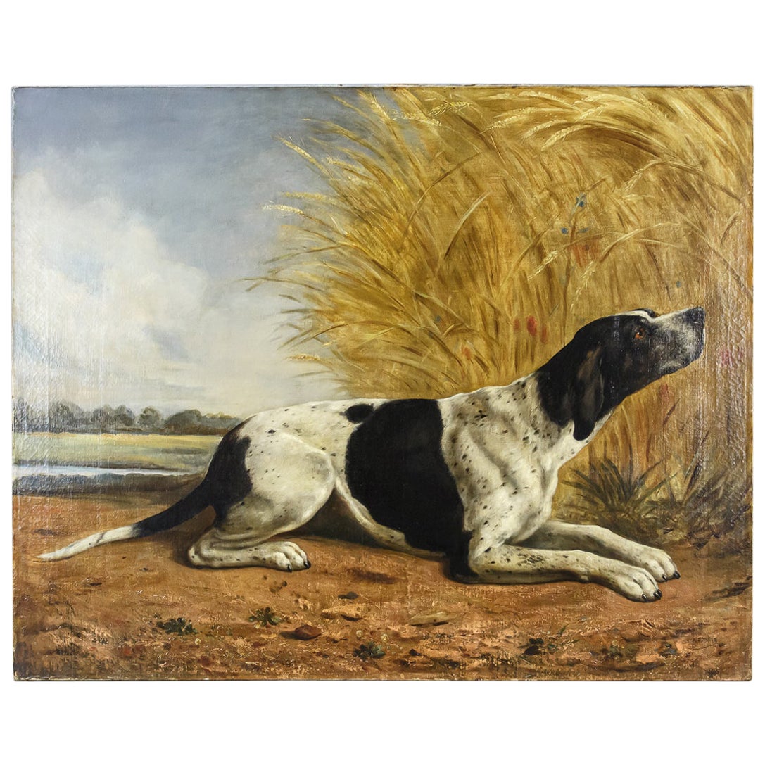 Large 19th Century Oil on Canvas Dog Portrait of English Pointer