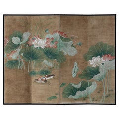 Hand Painted Japanese Folding Screen Byobu of Lotus Pond and Mandarin Ducks