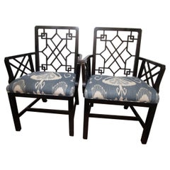 Pair of Black Lacquer Baker Stately Homes Chinese Chippendale Style Armchairs
