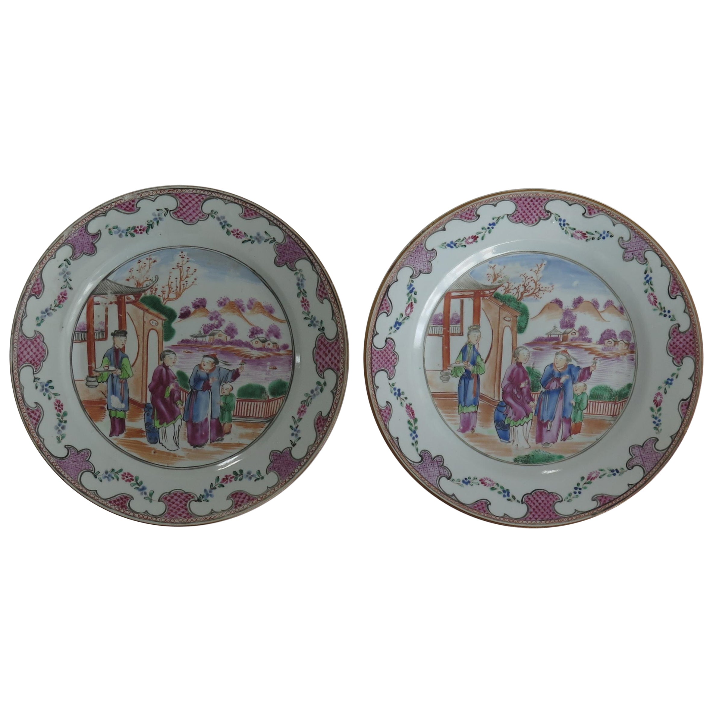 Pair 18th Century Chinese Porcelain Plates Famille Rose Long Eliza, Qing Qianlong