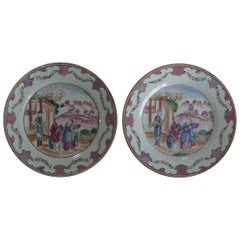 Pair 18th Century Chinese Porcelain Plates Famille Rose Long Eliza,Qing Qianlong
