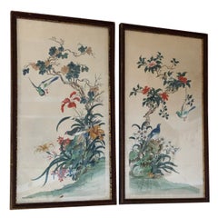 Vintage Lovely Pair of Hand Painted Asian Watercolors with Birds