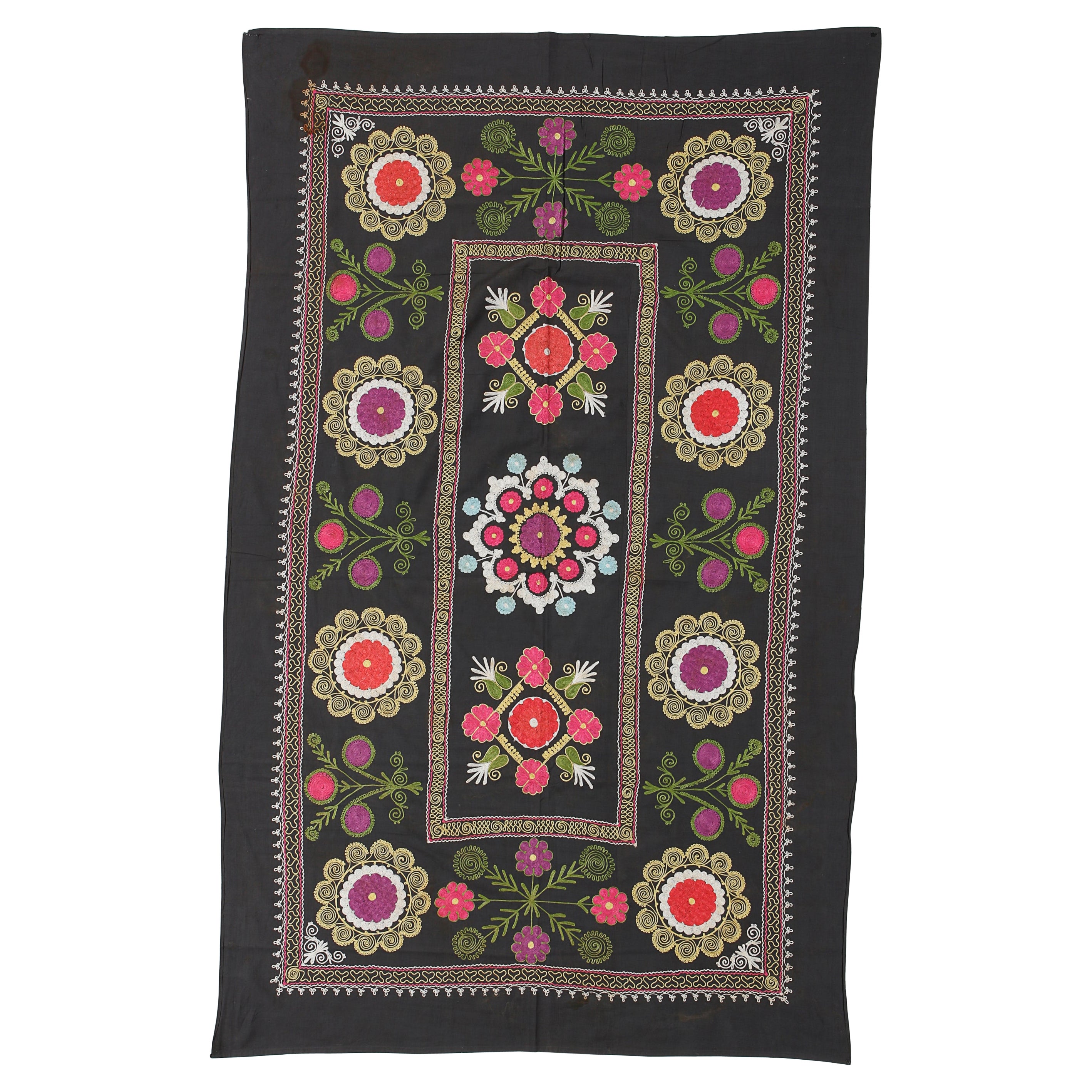 4x6.3 Ft Uzbek Silk Hand Embroidered Wall Hanging, Decorative Suzani Bed Cover