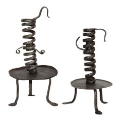 French, Couple 18th Century, Hand Forged Iron Rat De Cave Candleholders
