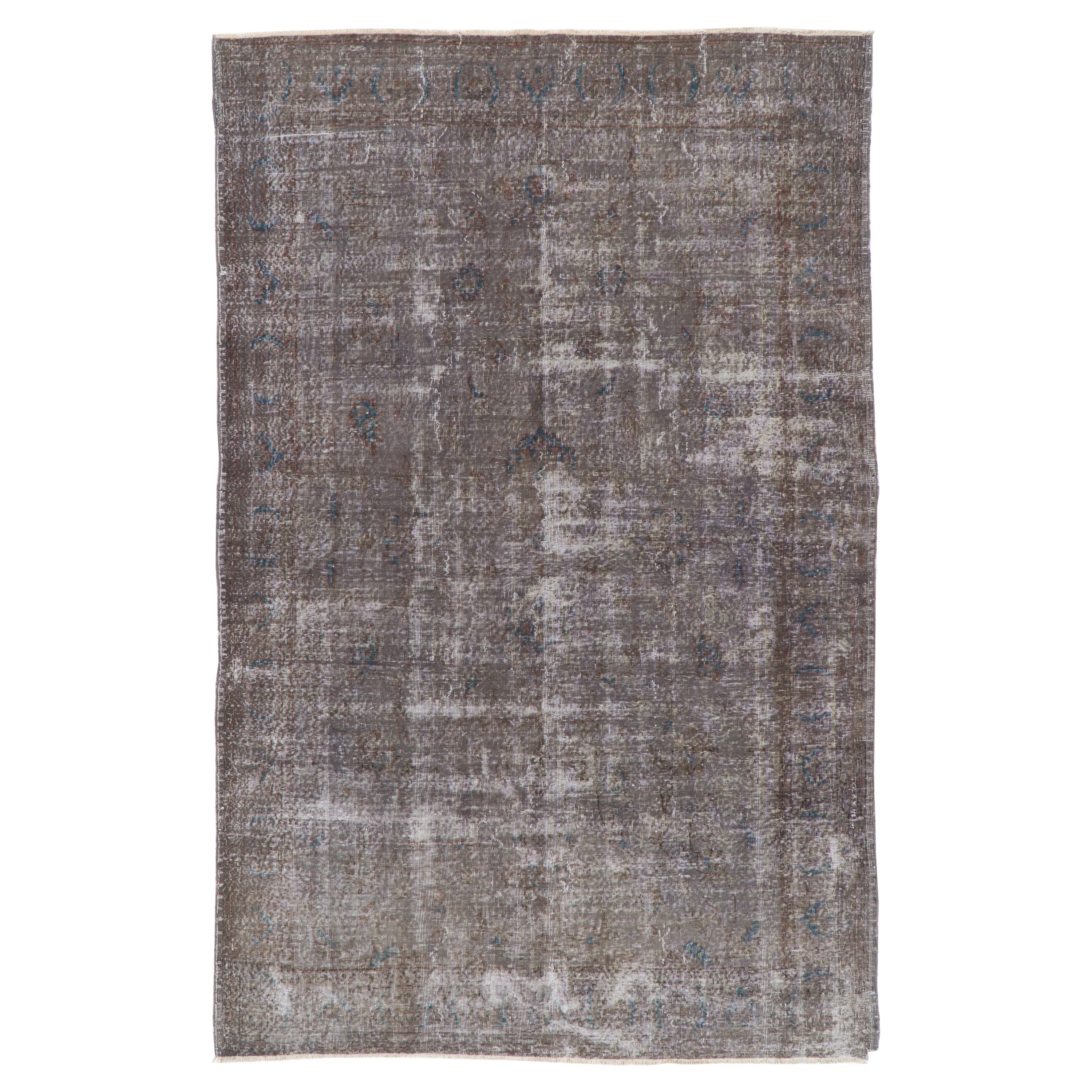 6.4x10 Ft Distressed 1950s Turkish Wool Area Rug. Handmade Taupe Grey Carpet