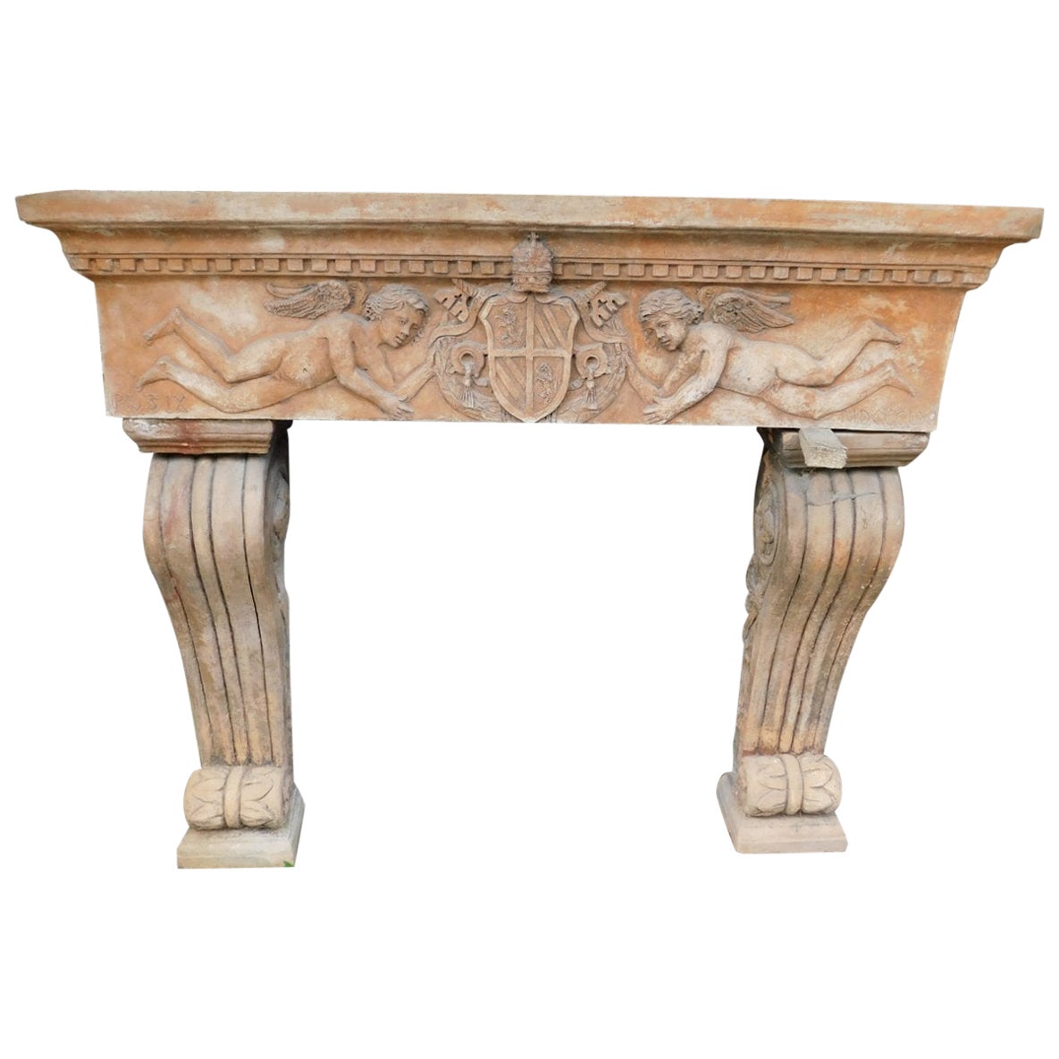 Antique Fireplace Mantle in Terracotta Carved with Cherubs, 20th Century Italy