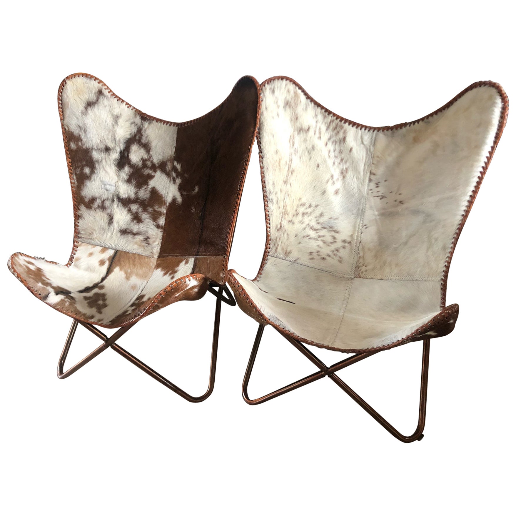 Pair of Vintage Mid-Century Butterfly Armchairs, Cowhide and Platted  Aluminum For Sale at 1stDibs