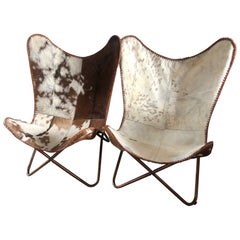 Pair of Vintage Mid-Century Butterfly Armchairs, Cowhide and Platted Aluminum