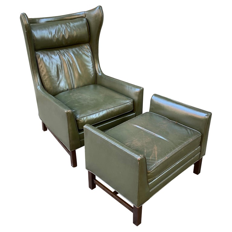Danish Inspired Leather Chair and Ottoman For Sale