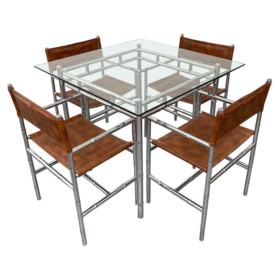Mid-Century Modern Chrome Bamboo Table with Glass Top and Four Chairs