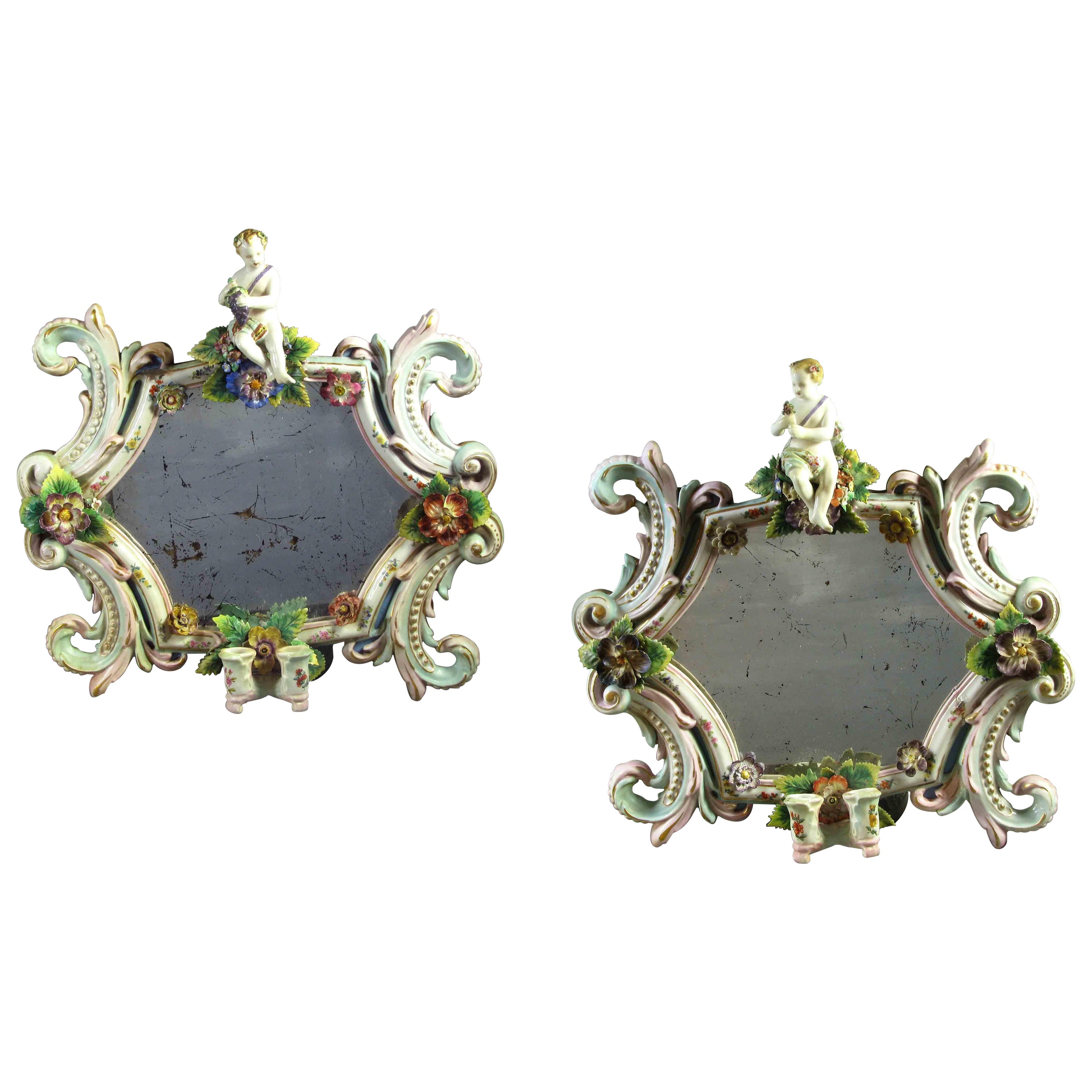 Paire de miroirs à deux lumières en porcelaine de style Meissen de Thuringian, Grinadoles, vers 1870 