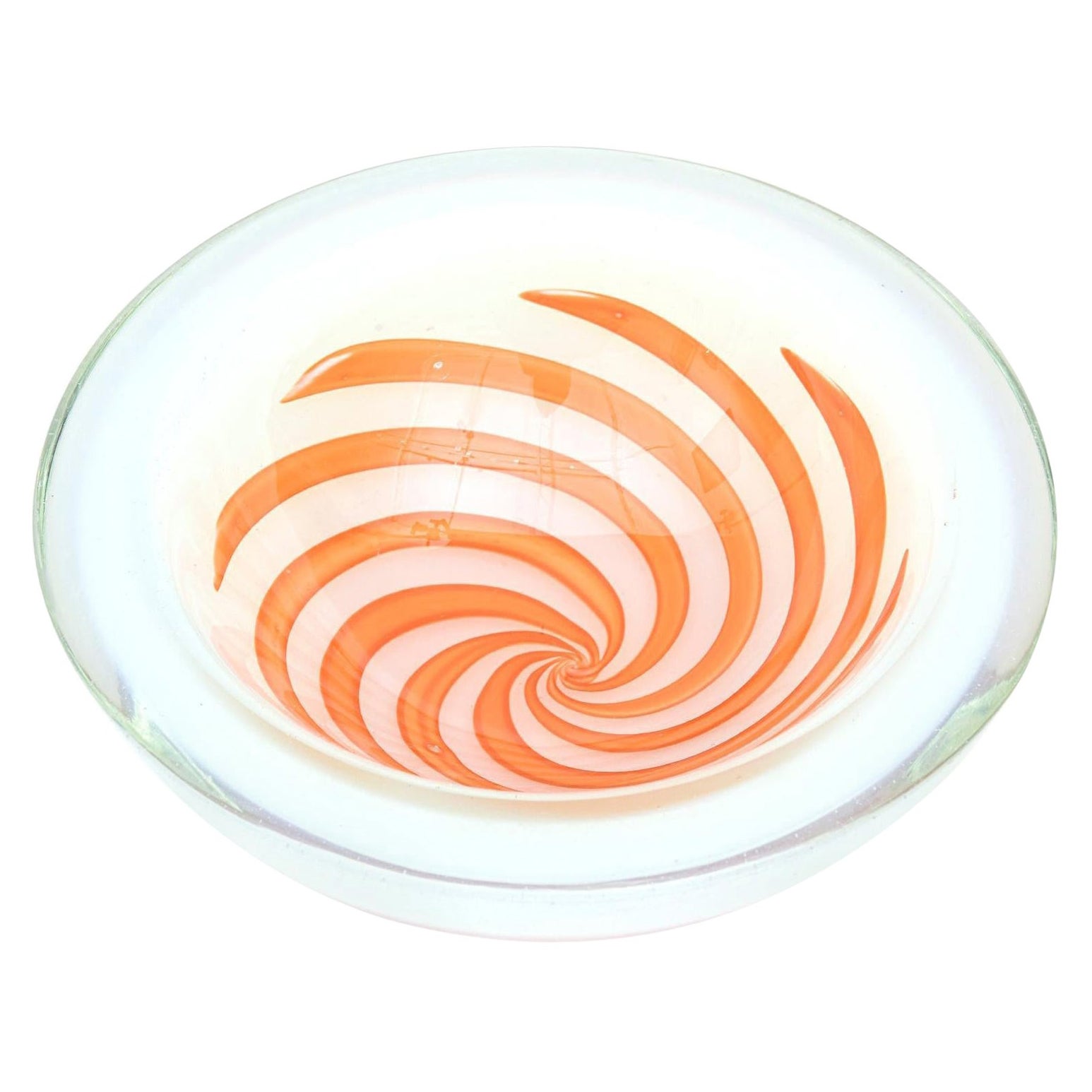 Vintage Murano Fratelli Toso Opalescent Glas Schale mit Orange Optic Swirls