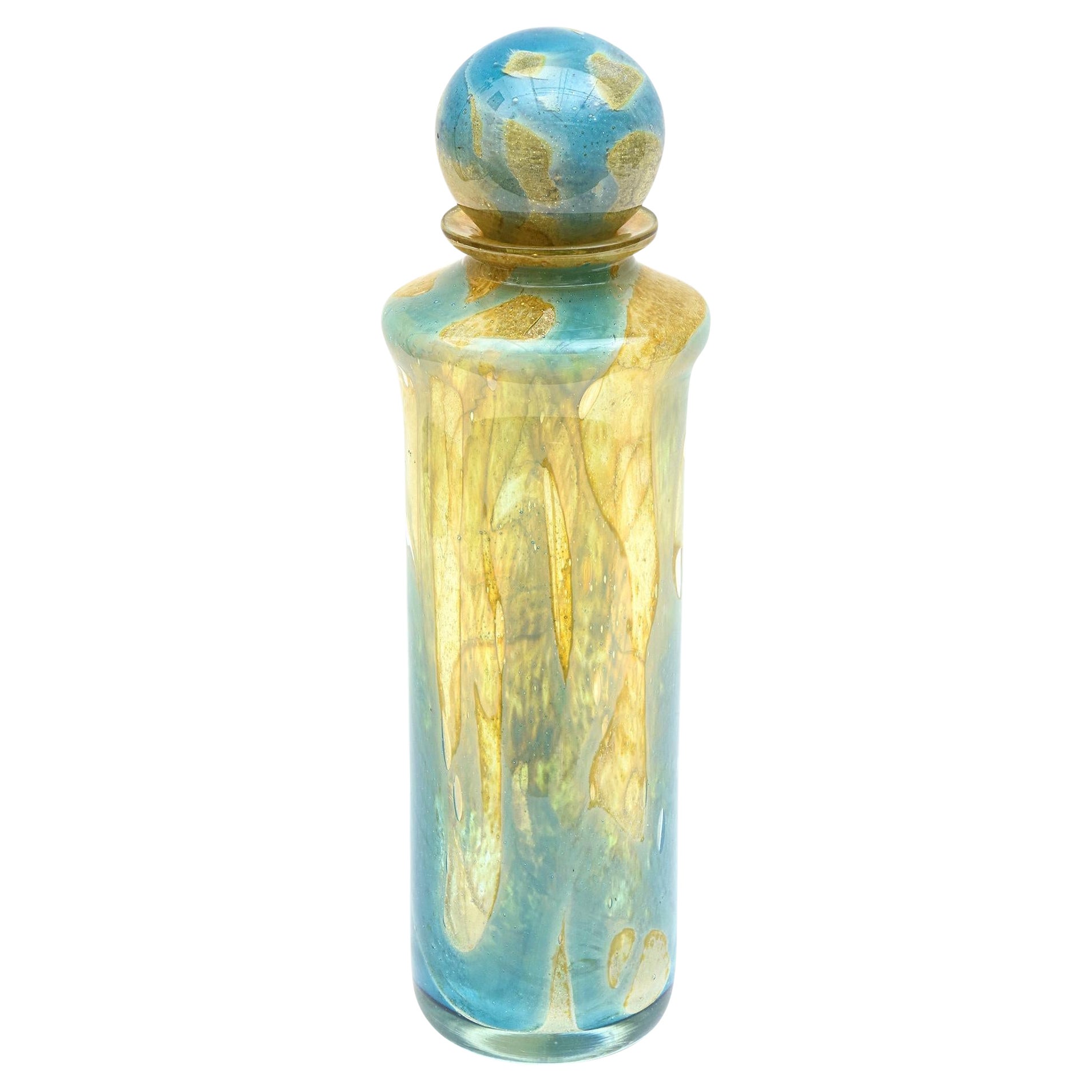 Mdina Malta Signed Vintage Turquoise, Yellow, Brown Blown Glass Decanter Bottle