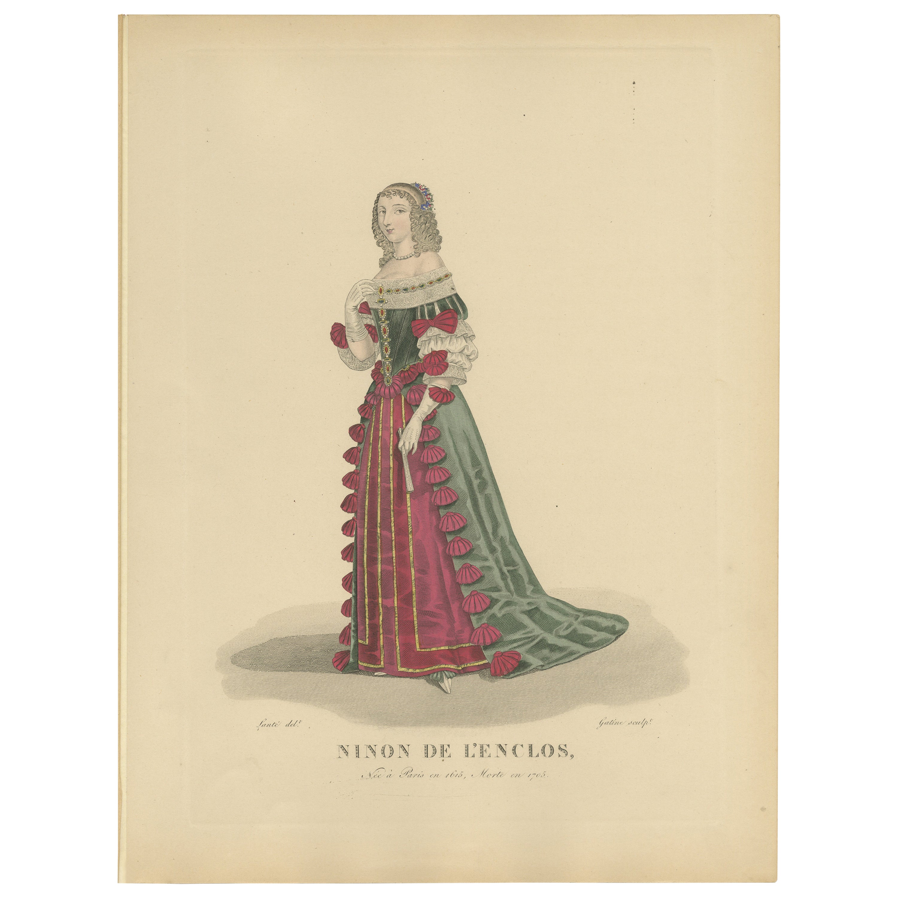 Hand Colored Engraving of Ninon De L'enclos, a French Author, 1900 For Sale
