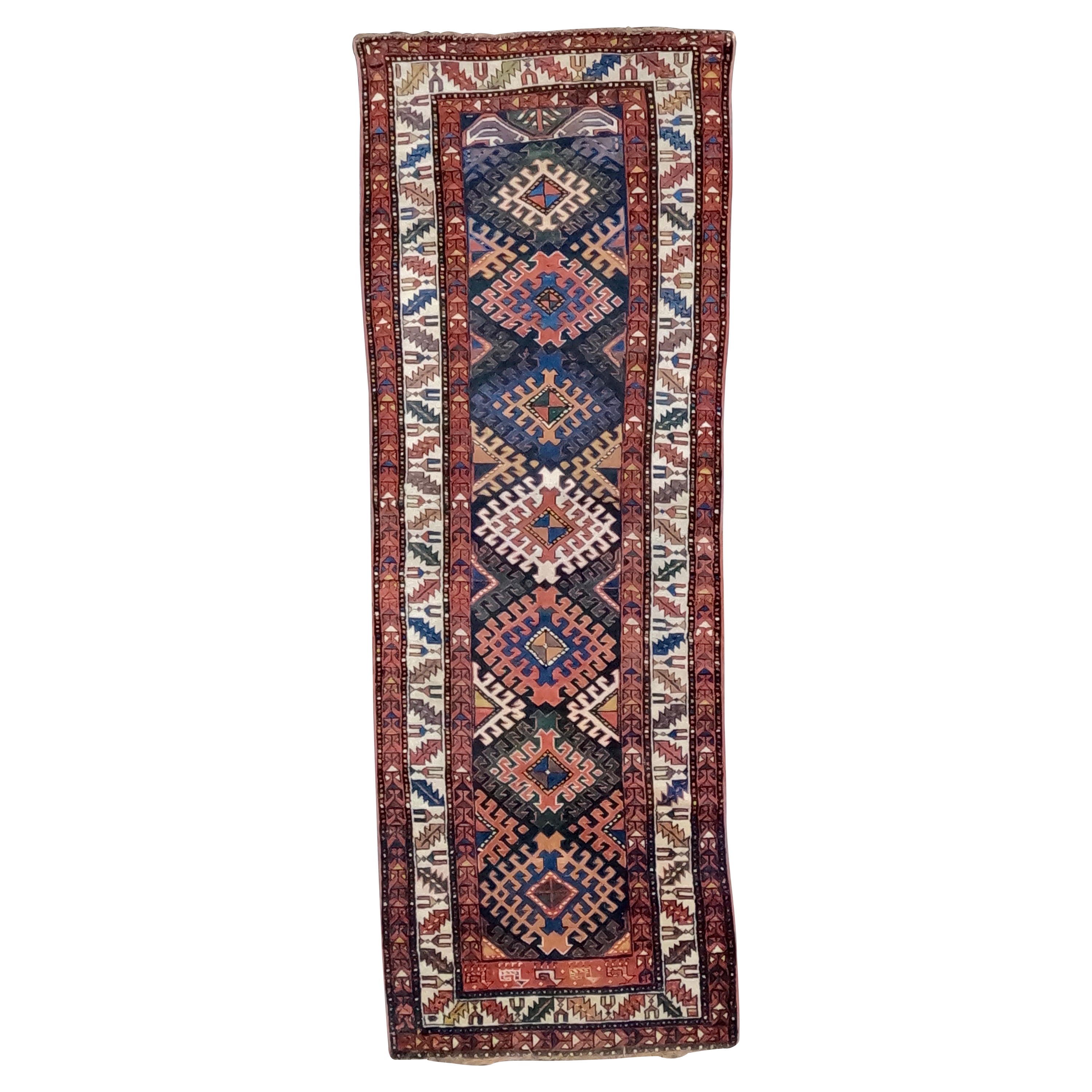 Tapis de couloir caucasien ancien Kazak Runner datant d'environ 1900