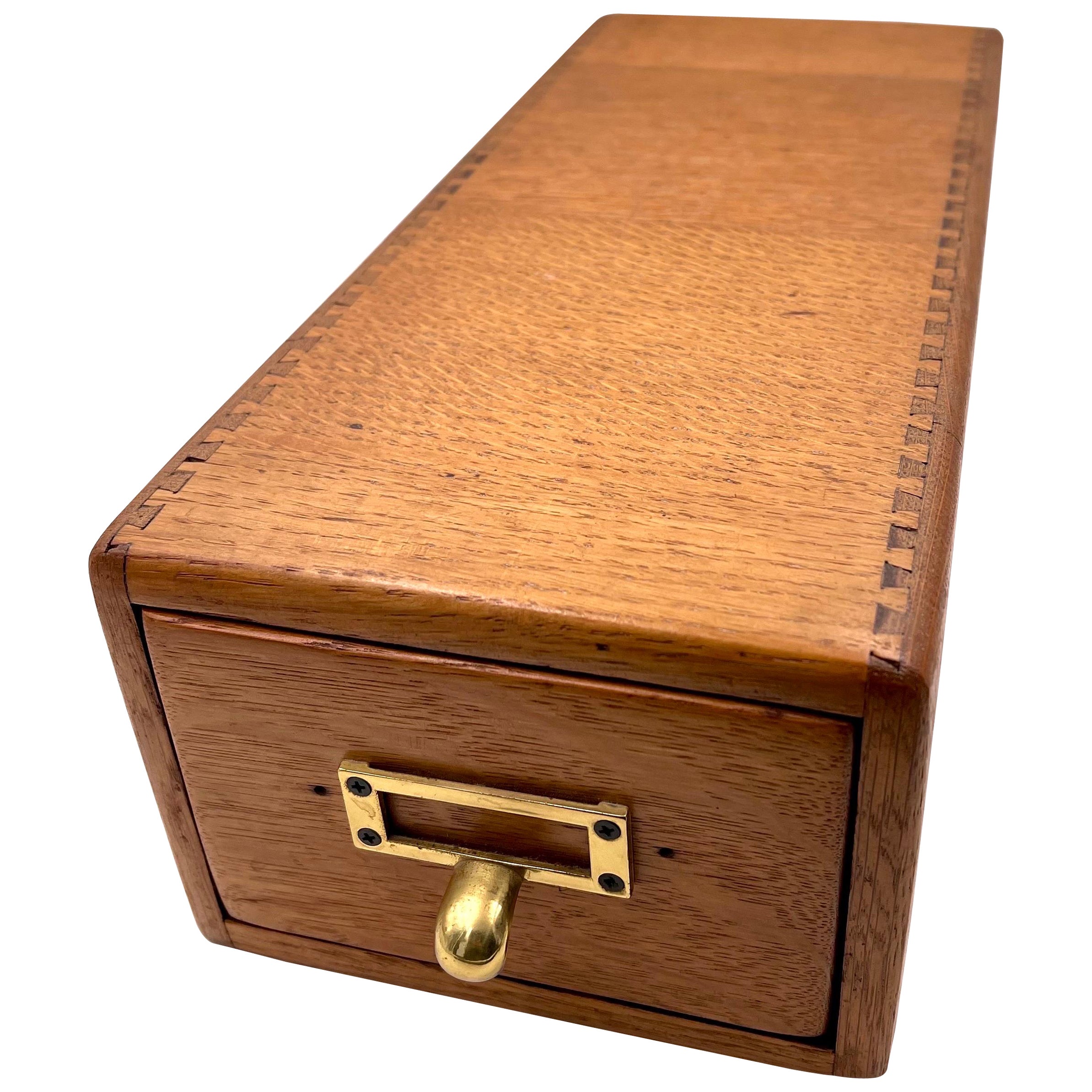 Solid Tiger Oak Card Catalog Box with Brass Handle Dovetail Art Deco For Sale