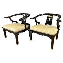 Retro Pair Century Furniture Chinese Style Black Horseshoe Back Chow Chairs