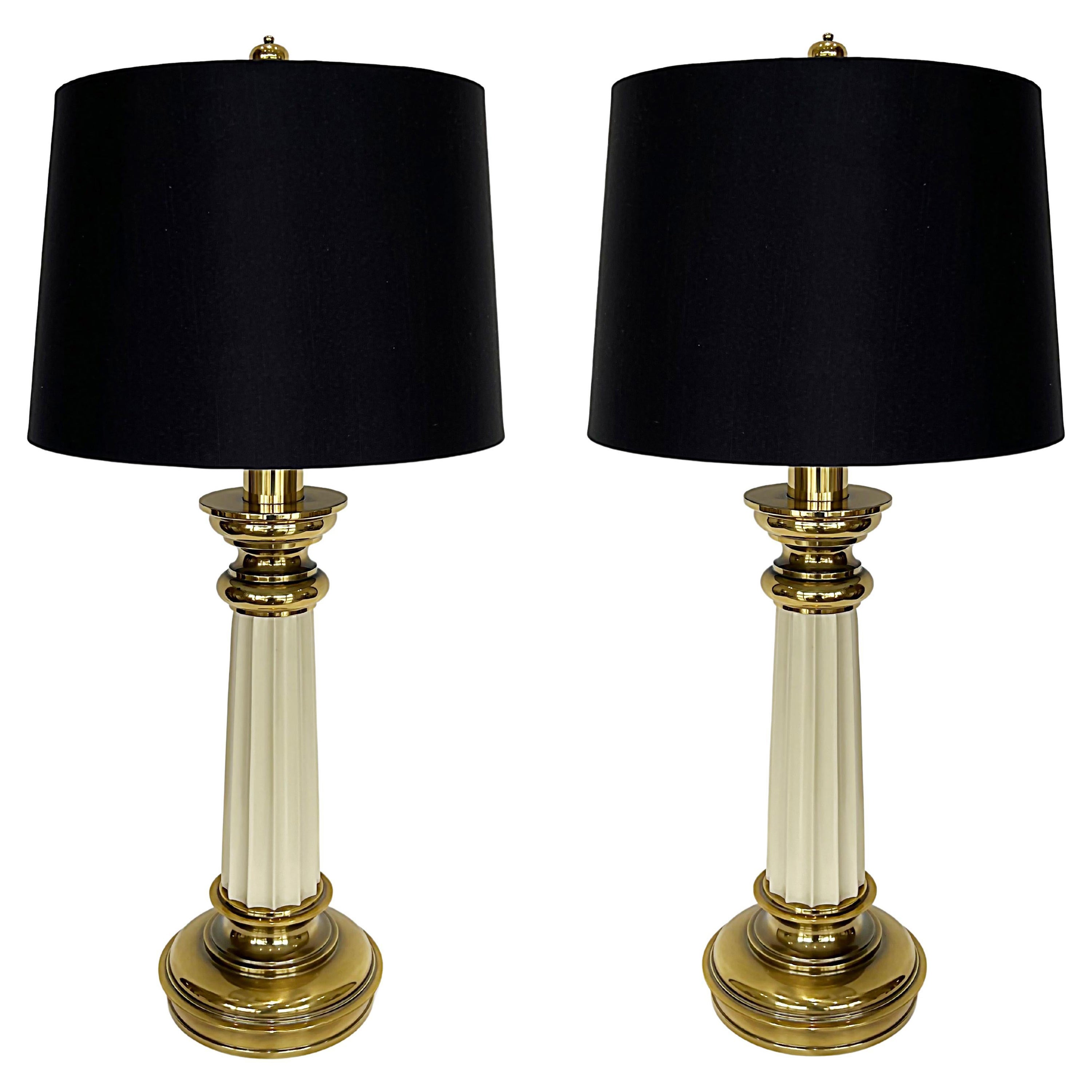 Vintage Brass Stiffel Column Table Lamps with Drum Shades, Pair