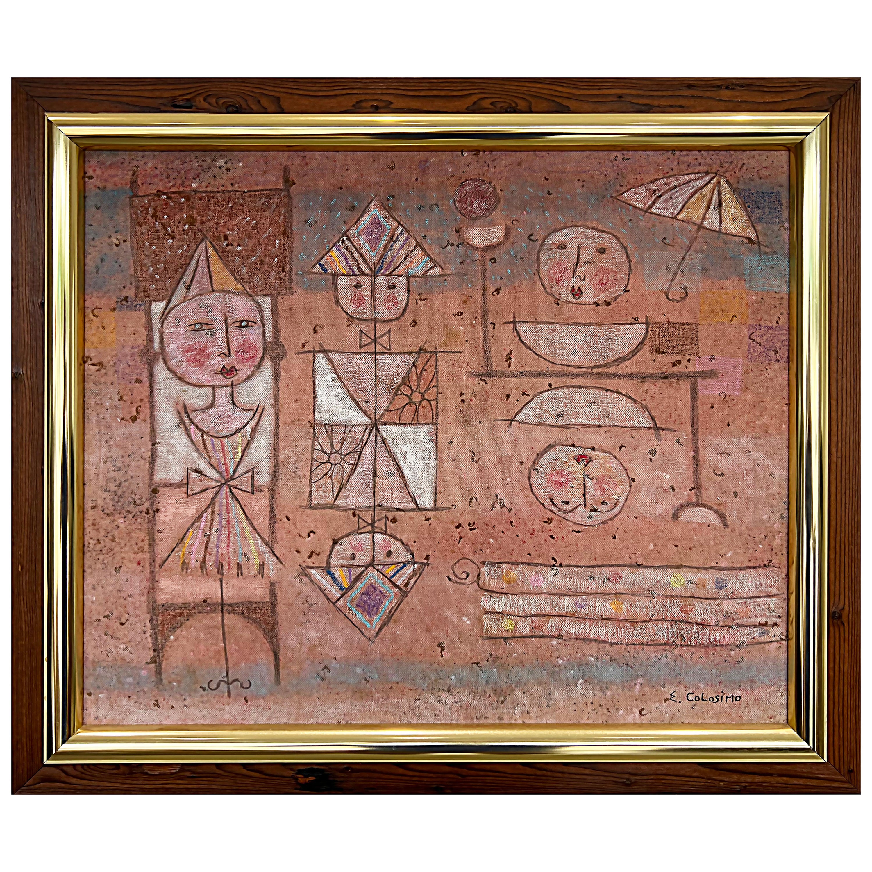 Vintage Ezio Colosimo Geometric Abstract Painting in Blush Tones