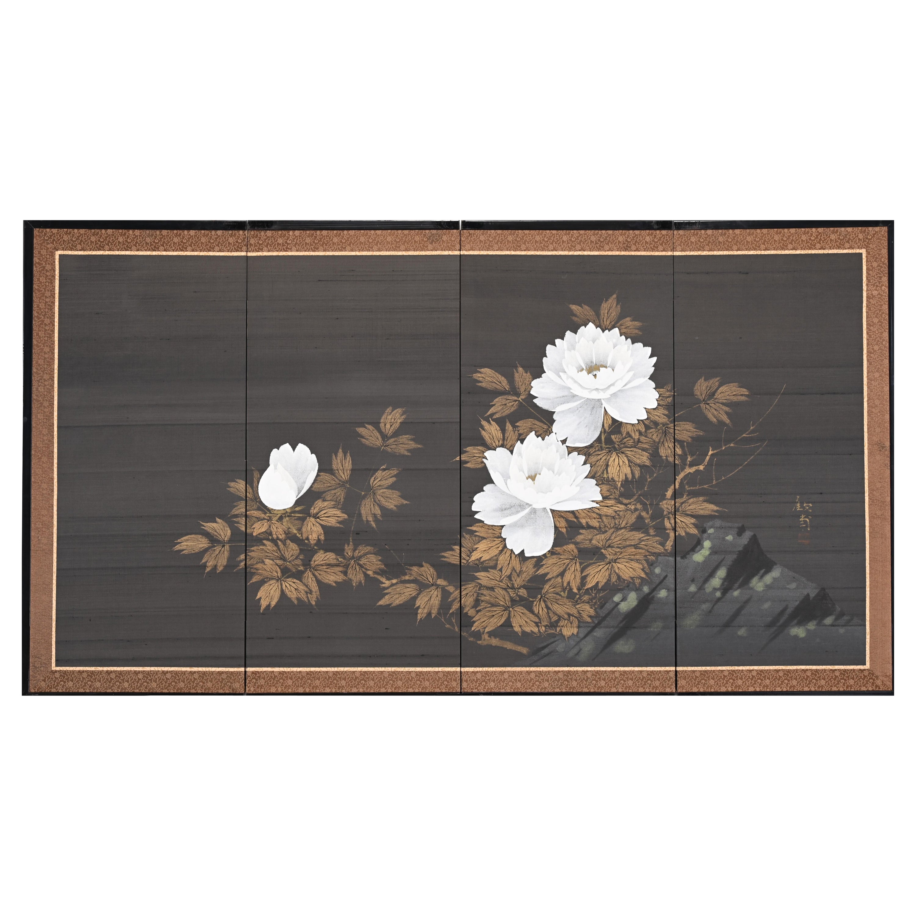 Four Panel Lotus Flower Painting on Silk, Signed, 20th Century