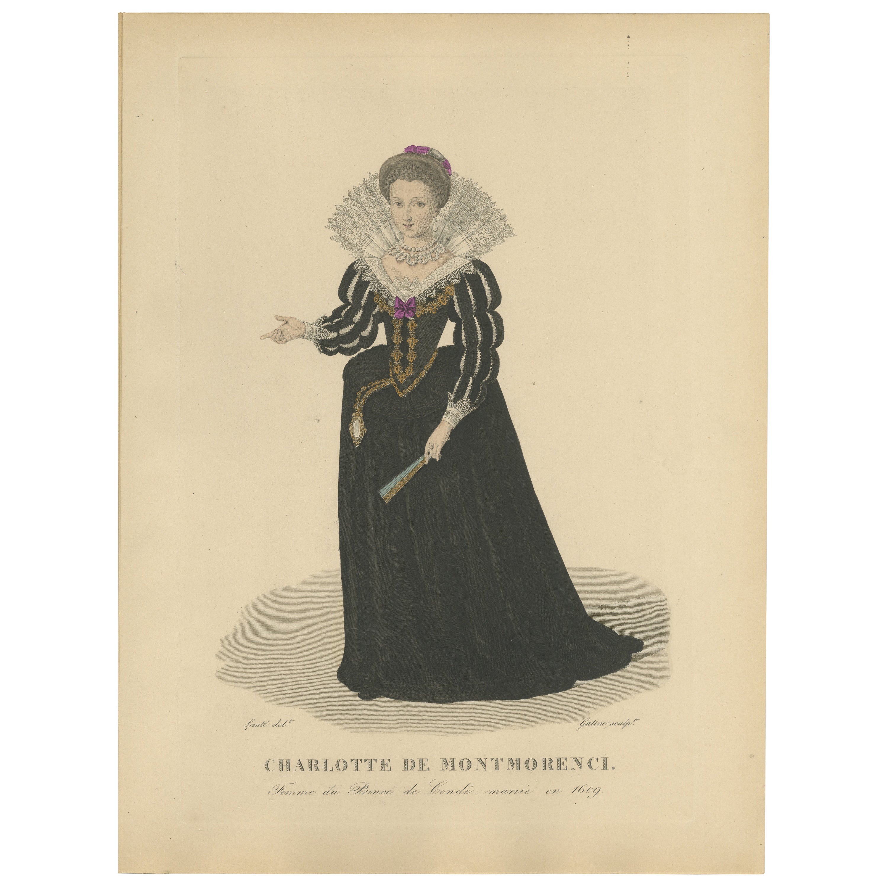 Gravure colorée à la main de Charlotte Marguerite, princesse de Cond, 1900 en vente