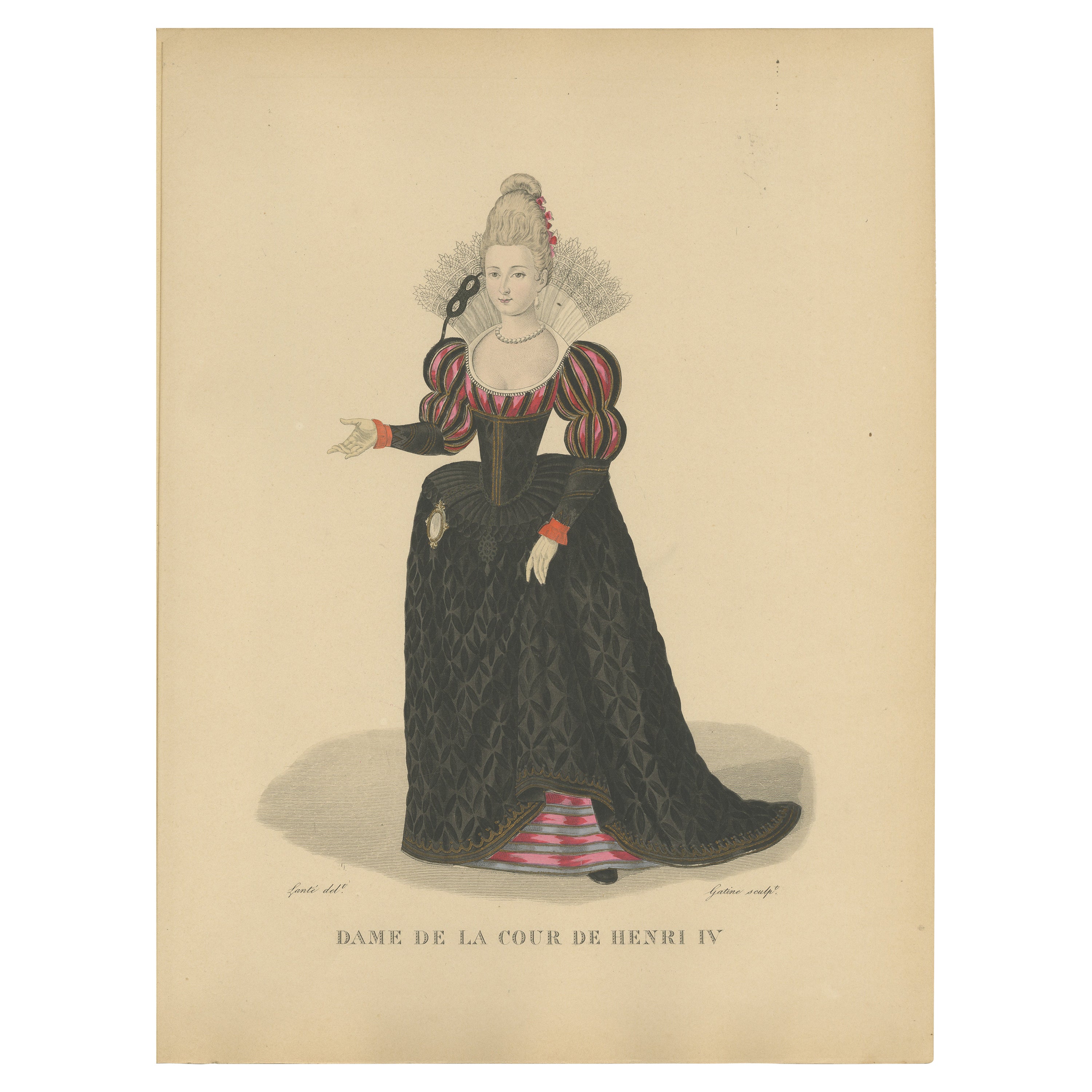 Hand Colored Engraving of Woman at the Court of King Henry IV of France, 1900 For Sale