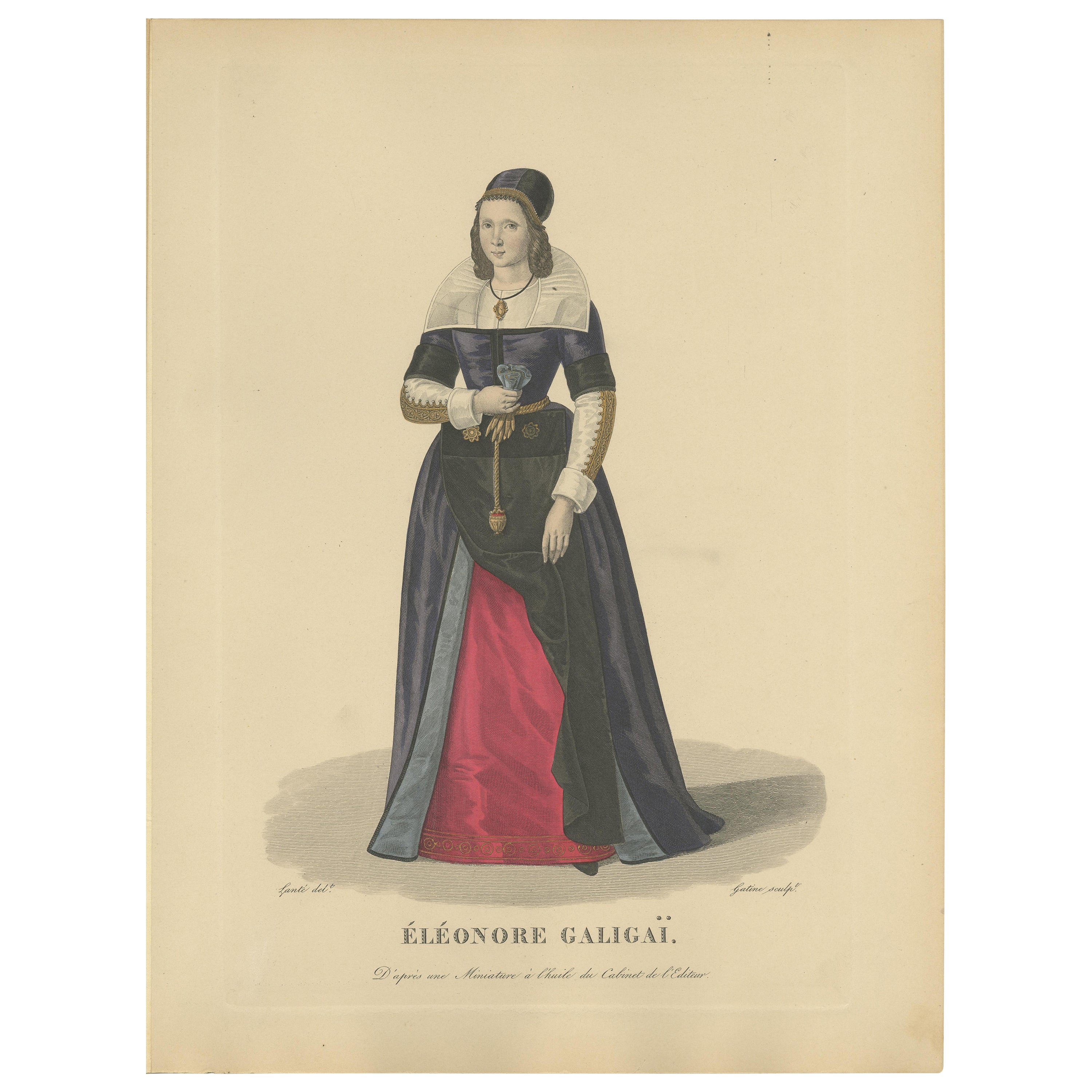 Hand Colored Engraving of Leonora Dori Galigaï, a French Courtier, 1900 For Sale