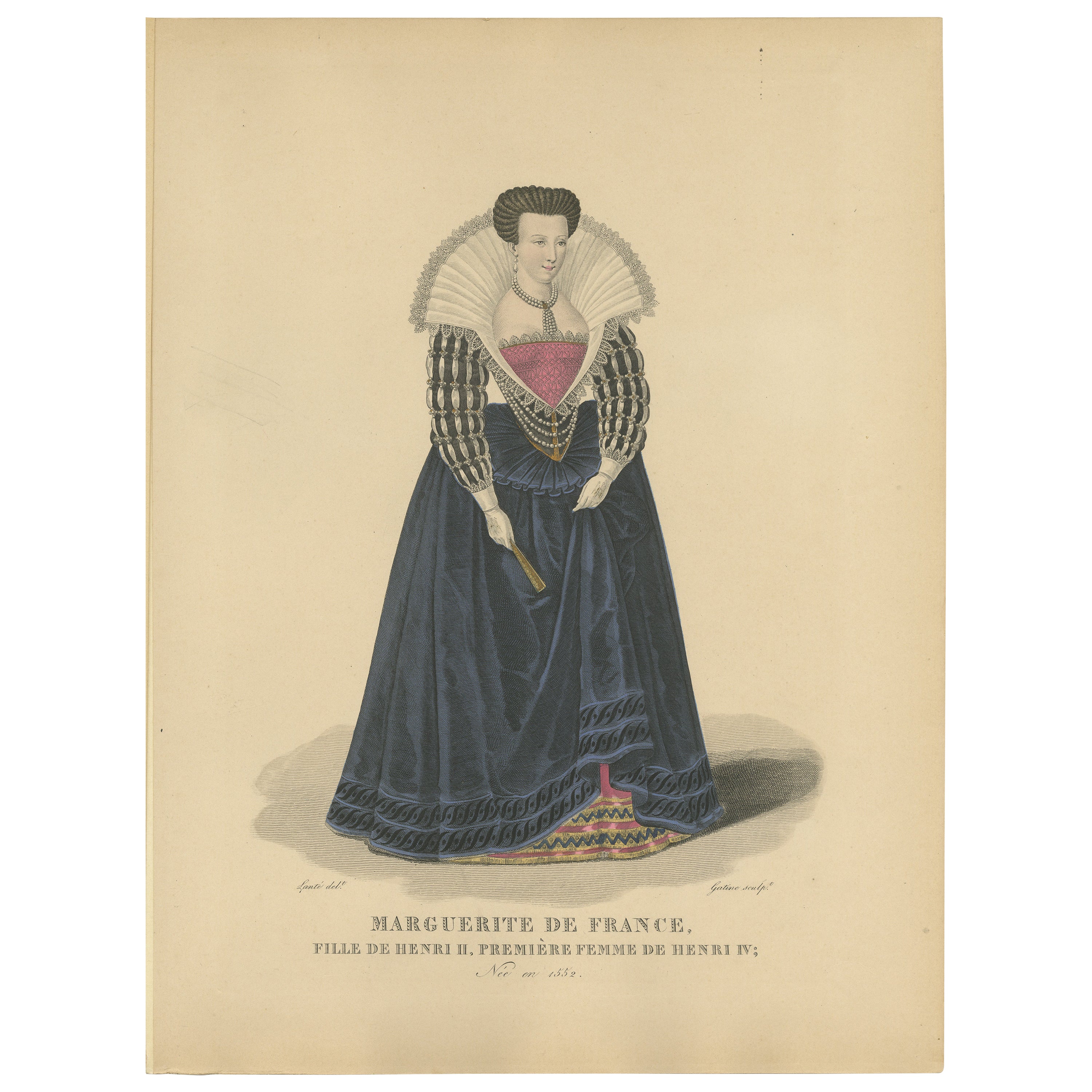 Hand Colored Engraving of Margaret of Valois, a French Princess, 1900 For Sale